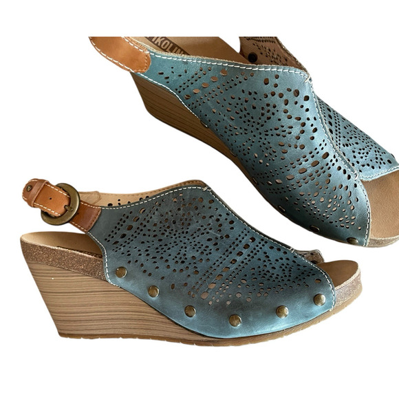 PIKOLINOS Benissa Women's Size 41 Blue Perforated Leather Slingback Wedge Sandal - Picture 1 of 7
